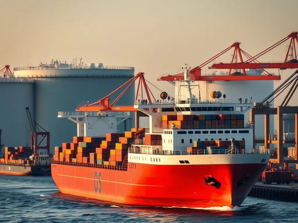 A bustling cargo ship at a port with large oil tanks in the background, cranes unloading containers, dynamic composition, photorealistic, global trade focus