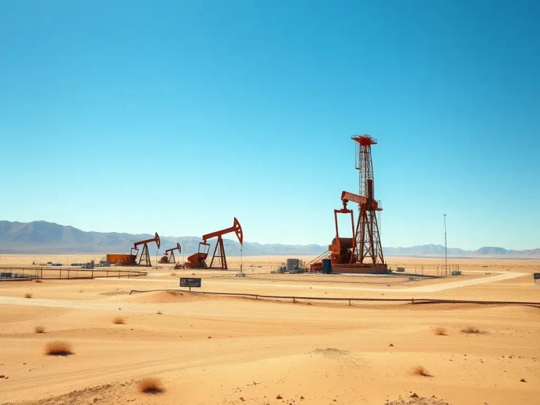 An expansive view of an oil drilling site in a desert setting under a clear blue sky, photorealistic, high-quality, professional lighting, industrial energy setting