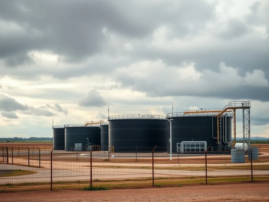 Wide shot of oil storage facility with strategic reserves, surrounded by security fencing, cloudy sky backdrop, geopolitical theme