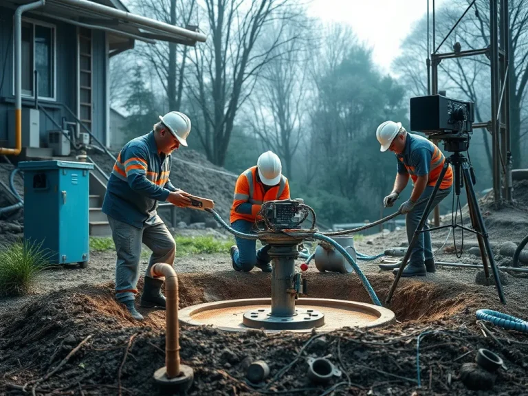 Photorealistic scene of groundwater well maintenance, featuring a team of engineers conducting inspections and using modern equipment, high quality, professional lighting, realistic environment