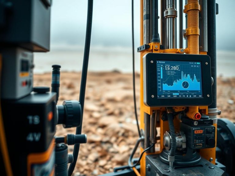Close-up of AI-driven drilling equipment analyzing geological data, cutting-edge sensors, and digital interfaces, high detail, professional photography