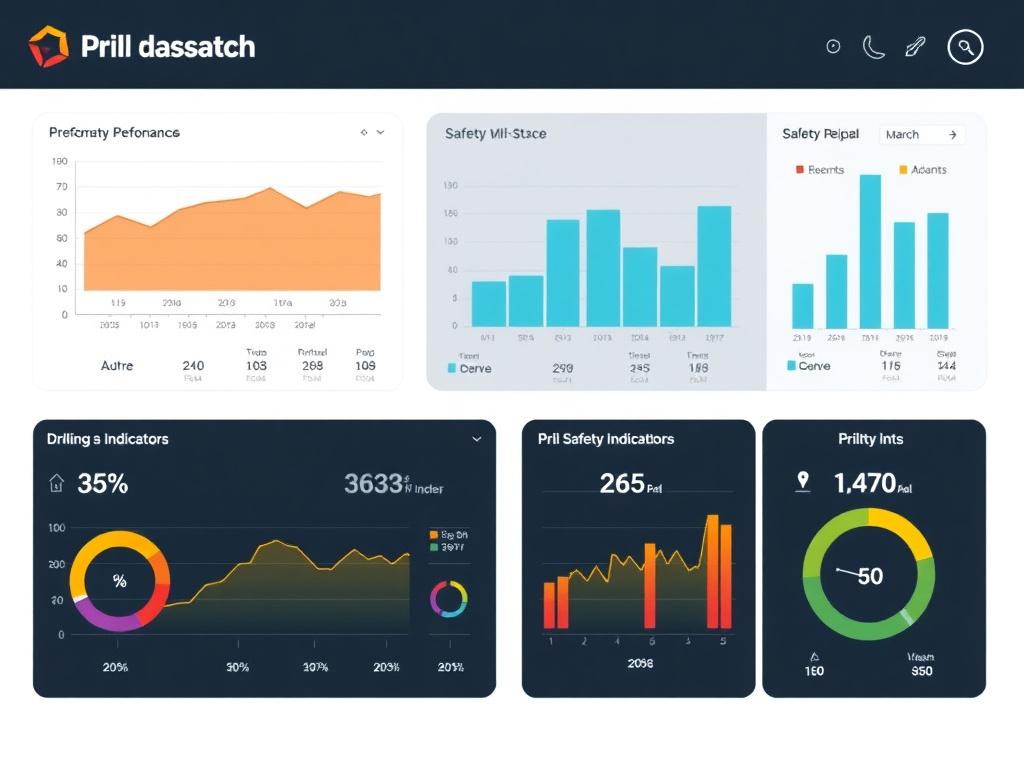 Digital dashboard illustrating performance metrics and safety indicators in a drilling operation, clear and informative, professional style
