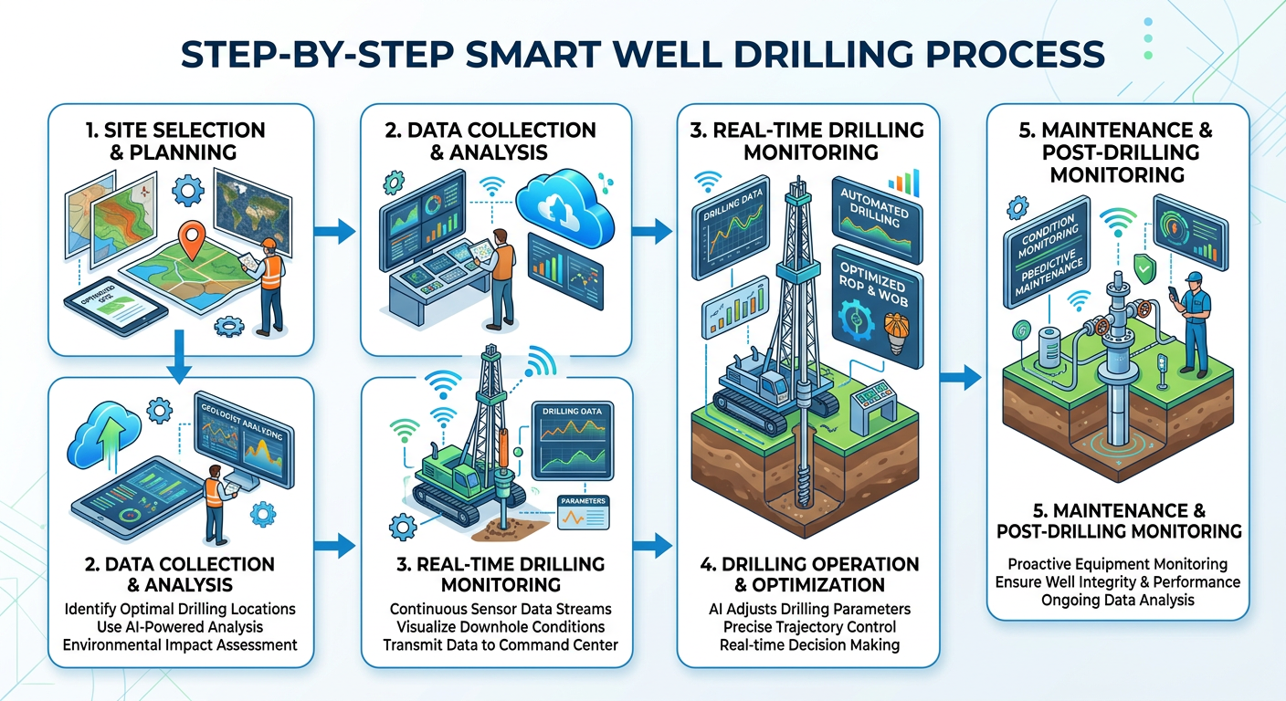 Step-by-step flowchart illustrating the process of well drilling using smart technology: 1. Site Selection, 2. Data Collection and Analysis, 3. Real-time Monitoring, 4. Drilling Operation, 5. Maintenance and Monitoring. Modern clean design with numbered steps and arrows for clarity.