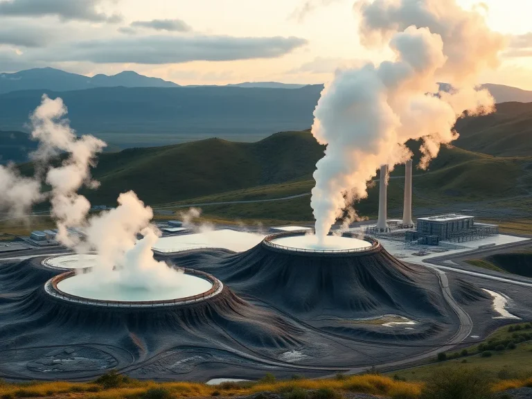 Photorealistic image of a geothermal power plant with steam rising from the ground, showcasing renewable and sustainable energy generation with a backdrop of natural landscapes, high quality, professional photography style.