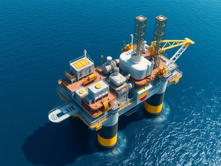 Aerial view of a modern offshore oil drilling platform in the Arabian Gulf, showcasing advanced technological equipment and sophisticated machinery against a backdrop of the ocean, photorealistic, high quality, professional lighting