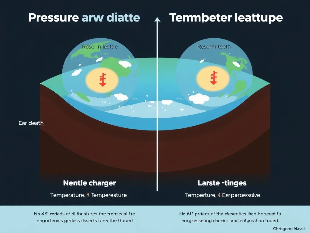 Visual comparison of pressure and temperature changes with depth inside Earth, schematic style, educational infographic
