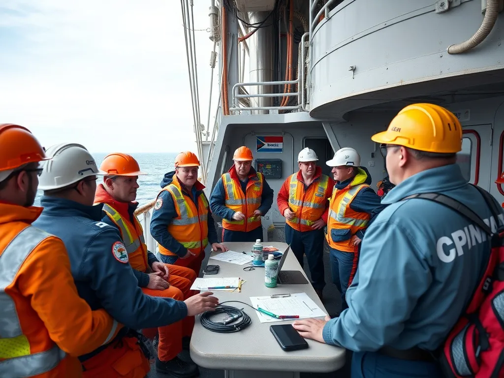 Conference meeting onboard an oil rig, diverse crew members discussing safety protocols with safety gear visible, professional photography, collaborative team environment