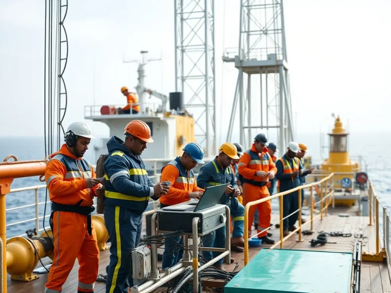 Dynamic depiction of a multicultural oil rig crew working together in a collaborative environment, showcasing a diverse group of people from different cultural backgrounds working harmoniously on a modern offshore drilling platform, photorealistic, high quality, natural lighting, teamwork in action