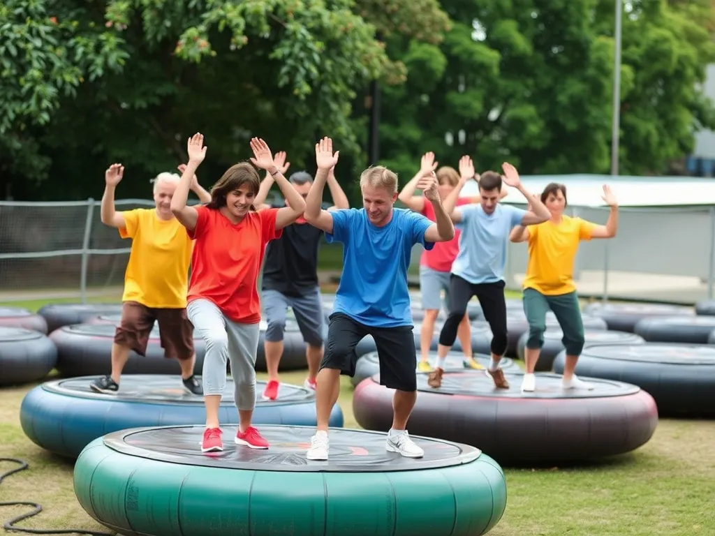 Oil platform team in a group exercise or sports activity session, promoting teamwork and fitness, outdoor setting, colorful and engaging