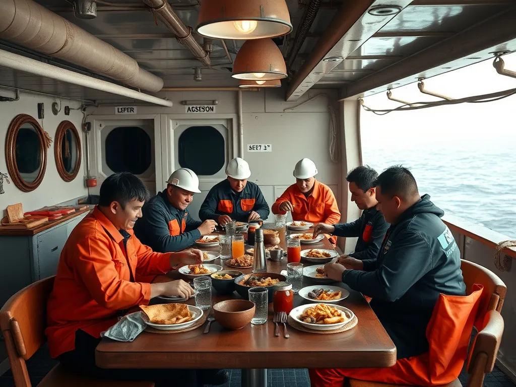 Oil rig workers enjoying a meal in a communal dining area on the platform, sharing stories and bonding, lifestyle photography, warm atmosphere
