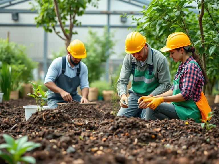 A professional representation of an environmentally-friendly workplace, showing safe practices for soil, water, and wildlife protection, using photorealistic style, professional lighting, and clean modern design.
