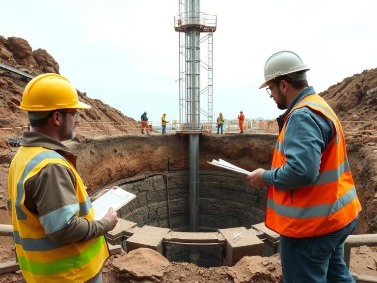 Engineers evaluating the structural condition of an industrial water well with geological and technical assessments, detailed and photorealistic