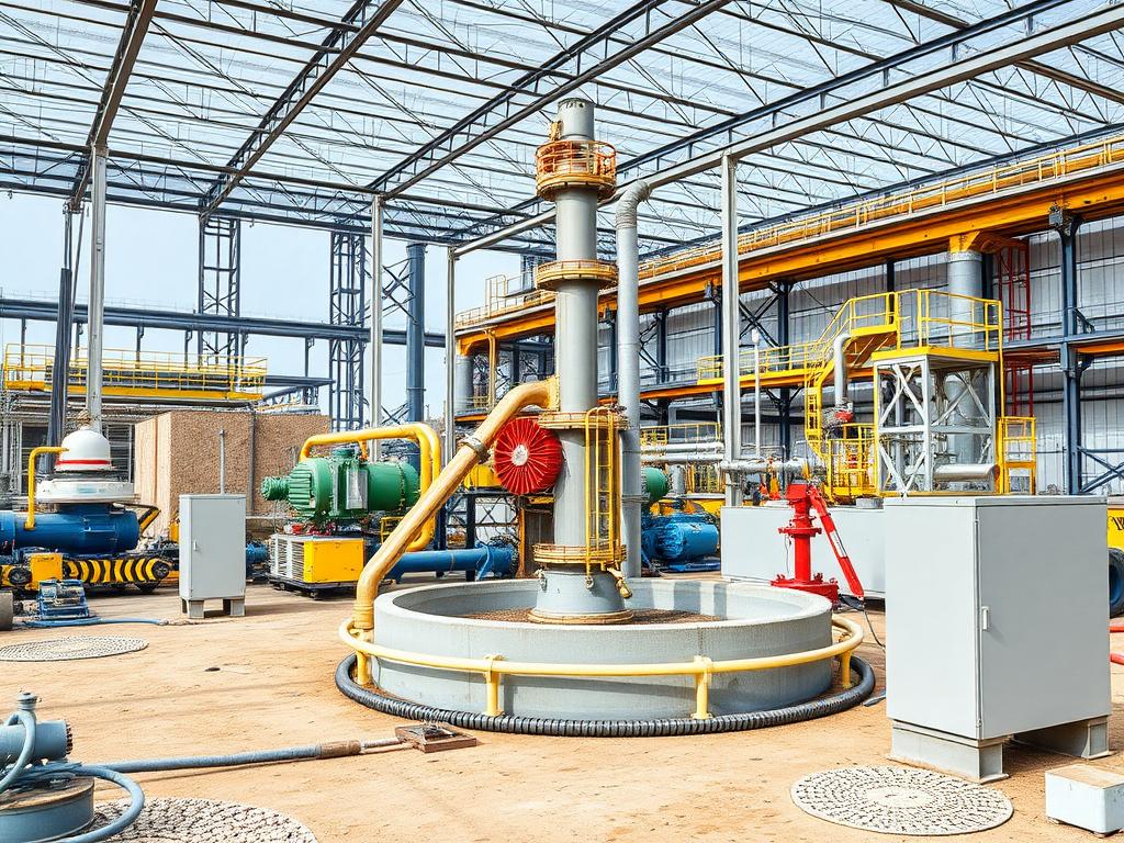 Industrial site with modern water well development and advanced engineering equipment, showcasing eco-friendly practices and technological upgrades, high quality, natural lighting