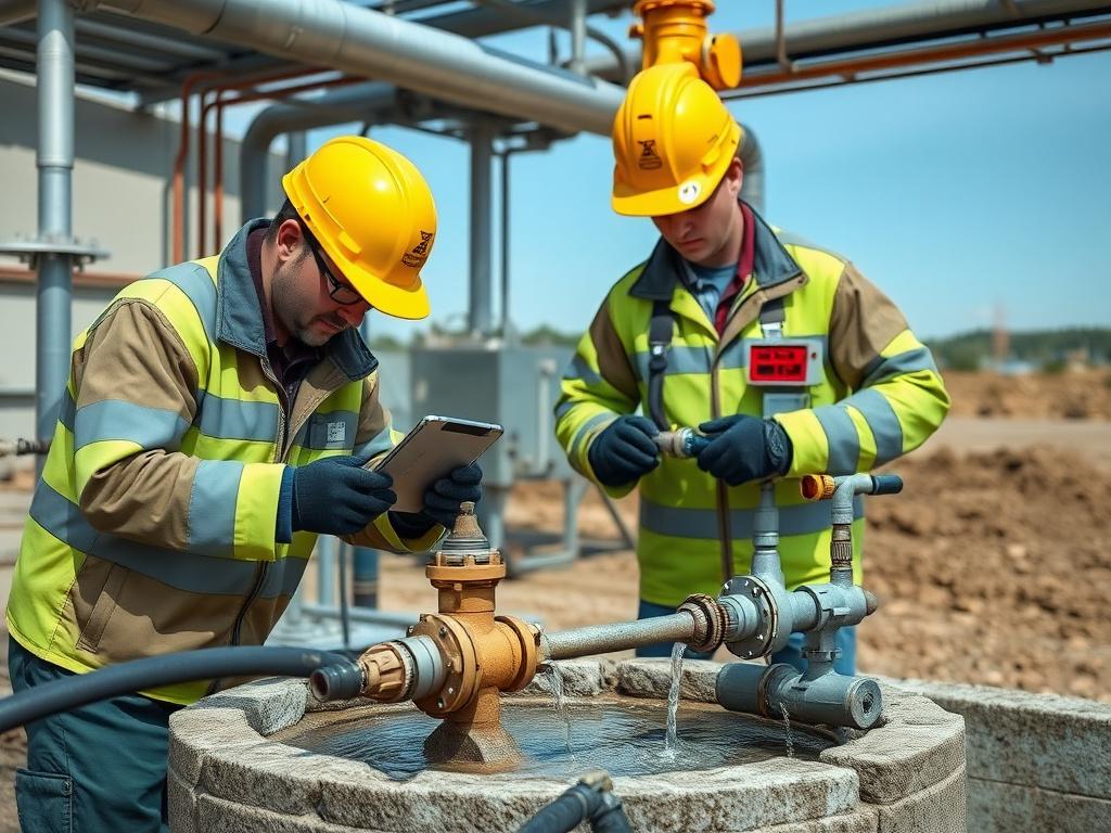 Technicians performing advanced water quality tests and flow measurements on upgraded industrial water wells, clean and precise execution, photorealistic detail