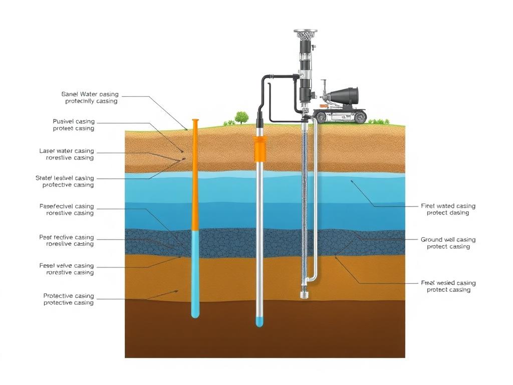 Cross-sectional diagram of new well drilling highlighting modern techniques and equipment, with layers showing groundwater and protective casings