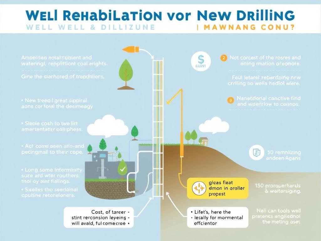 Detailed illustration of a comparison between well rehabilitation and new well drilling, including factors such as cost, environmental impact, and efficiency. Professional, informative, with visual indicators highlighting decision-making criteria