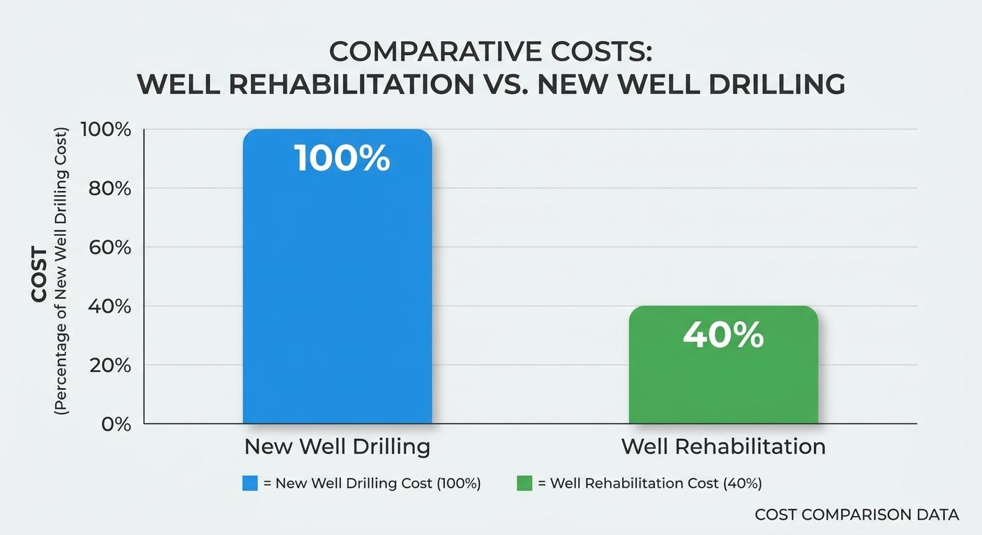 A bar chart showcasing the comparative costs of well rehabilitation versus drilling a new well. Include the following data: Rehabilitation Cost 40% of New Well Drilling Cost, New Well Drilling Cost 100%. Label the axes clearly, use a modern clean design with a professional color palette, and ensure readable numbers.
