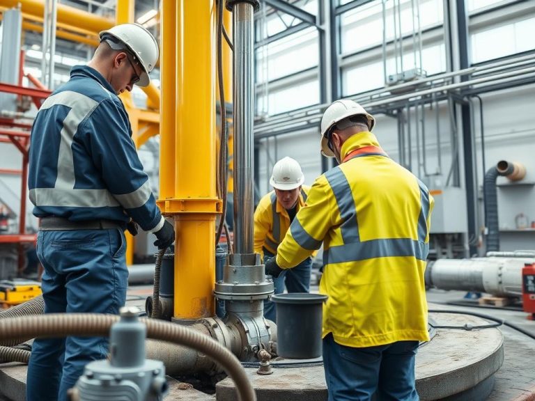 Photorealistic image of a team performing well rehabilitation, including techniques like mechanical cleaning and air surge to remove blockages, set in a modern industrial setting