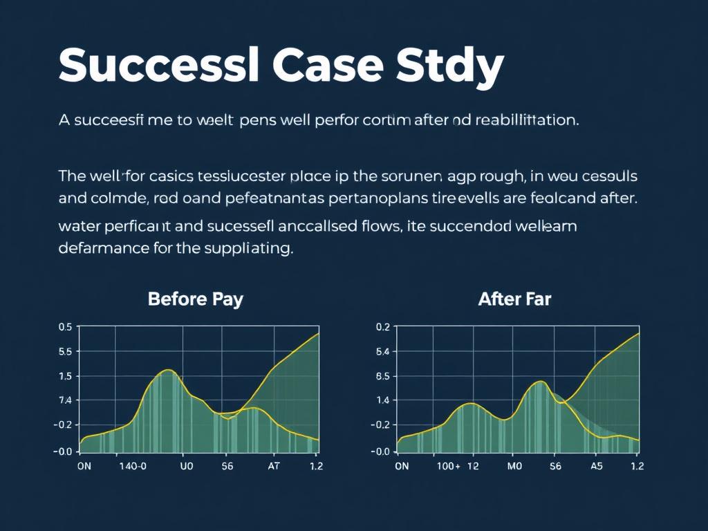 Visual representation of successful case study showing well performance improvement after rehabilitation, with graphs depicting water flow before and after treatment