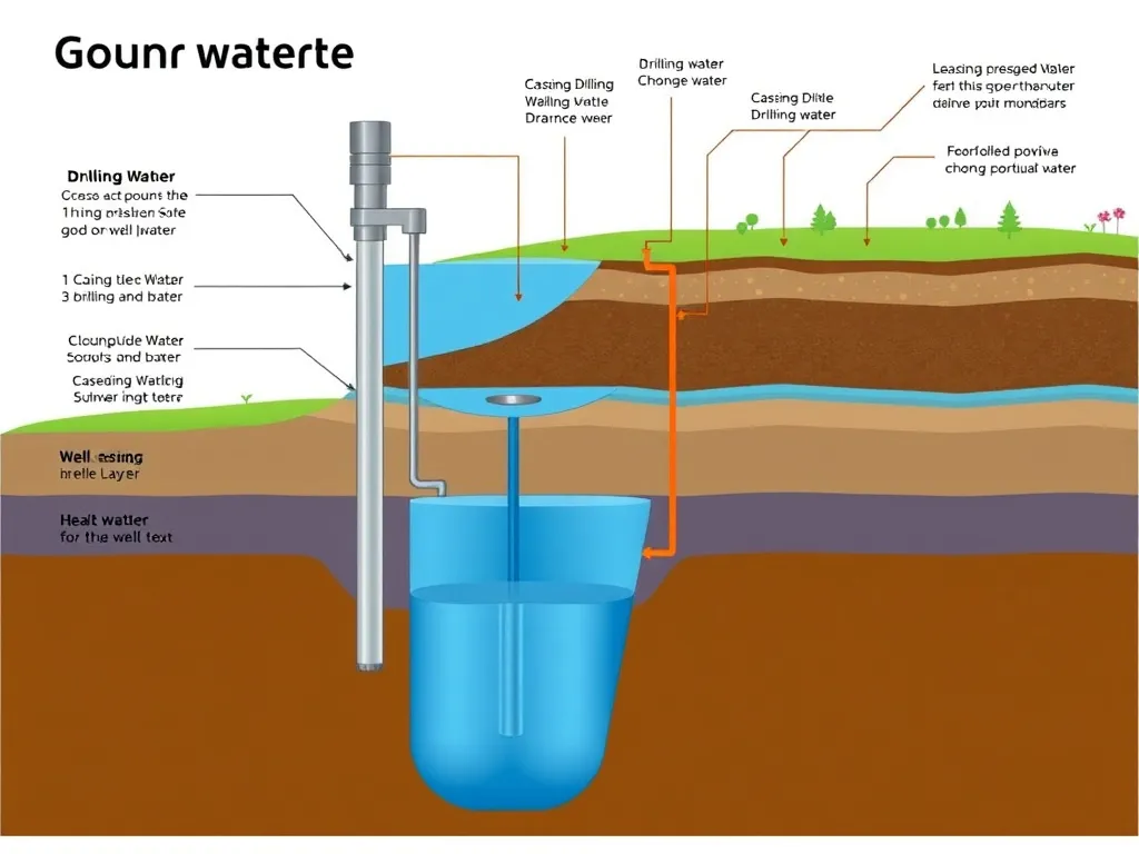 Detailed diagram of groundwater layers and well drilling technology, showing different strata, drilling methods, and well casings without text