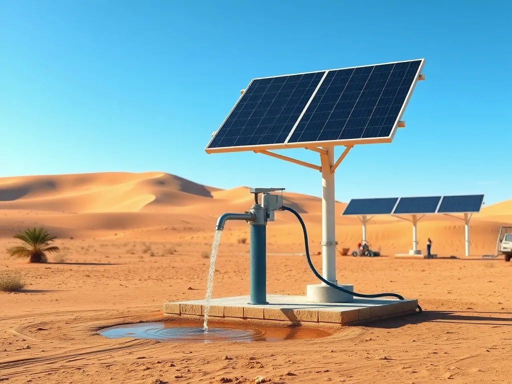Photorealistic image of energy-efficient water pump powered by solar panels in a desert location, demonstrating sustainable water management