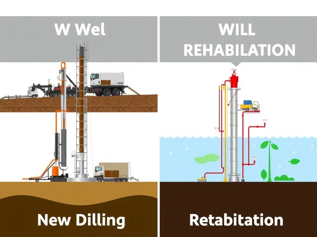 Side-by-side comparison visual of new well drilling and well rehabilitation, emphasizing equipment, process complexity, and environmental footprint