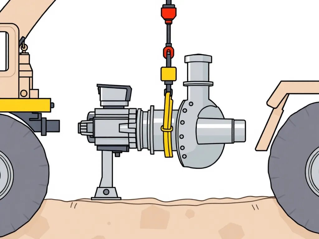 Illustration of a submersible pump being removed safely using lifting equipment in a clear and organized manner, detailed and instructional