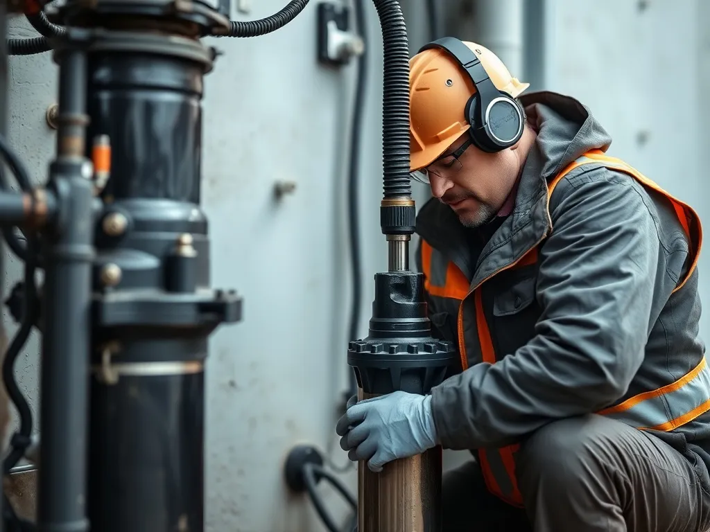 Image of a technician performing a maintenance check on a submersible pump with safety gear, demonstrating professional work, high quality