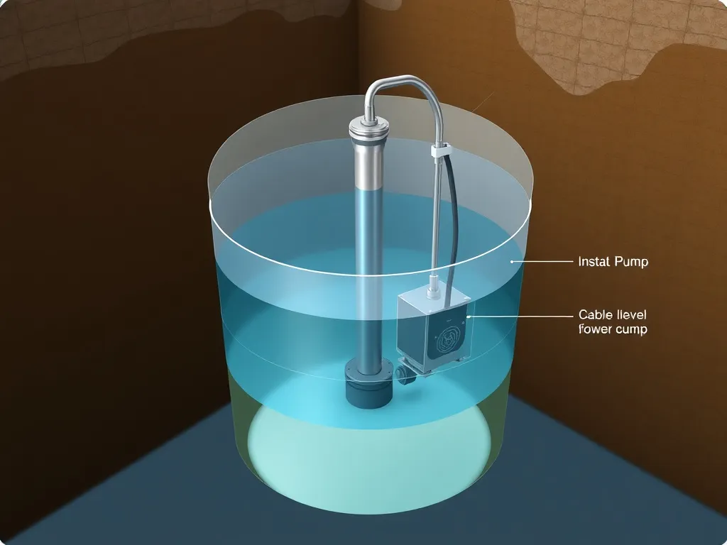 Visual of a water well with clear layers showing the water level and installed pump, including technical annotations like cable connections, photorealistic