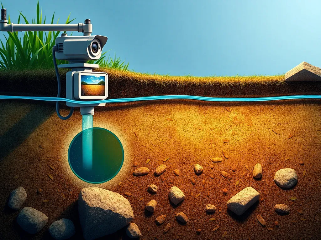 Illustration of how downhole cameras monitor water quality, capturing images of sediment and color changes to analyze contamination levels, photorealistic, detailed setup with natural lighting.