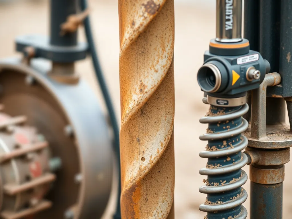 Close-up of drilling machinery used in water well boring, showing different techniques like rotary, percussion, and jet drilling, high definition, professional photography