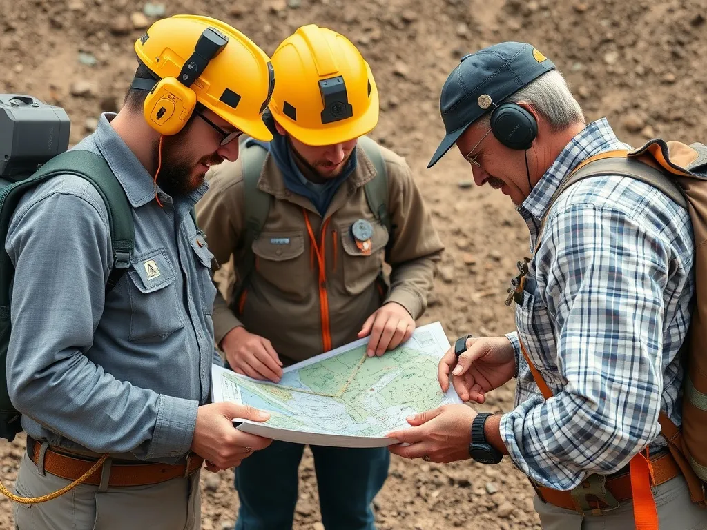 Geological survey team examining maps and satellite images, with advanced equipment and tools for site analysis, professional photography, detailed, natural lighting