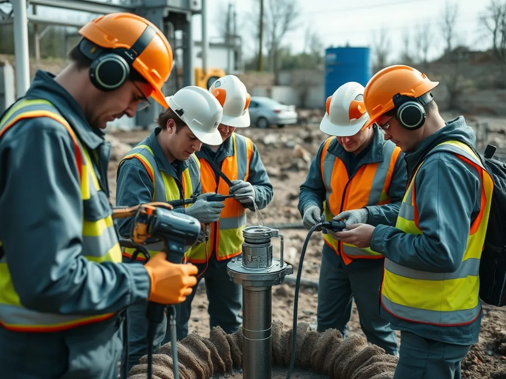 A team of engineers and workers using high-tech tools for water quality testing and environmental safety measures at a water well site, photorealistic, clear detailing, business setting