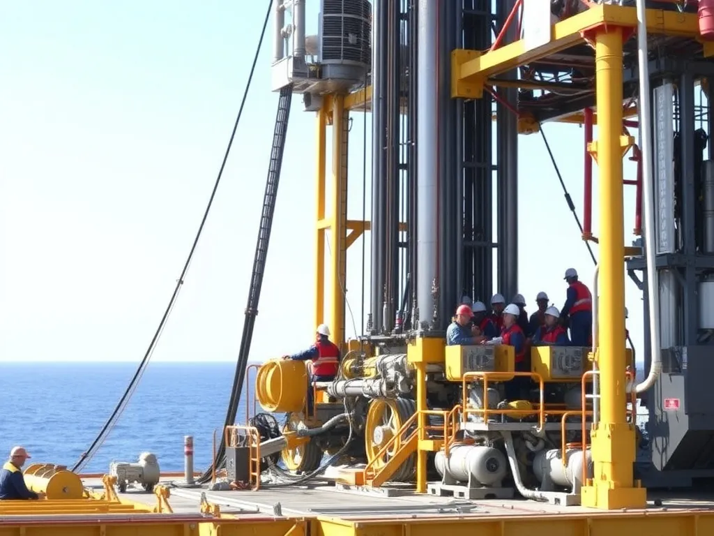 Advanced drilling rig in operation, workers focused on tasks, dynamic scene