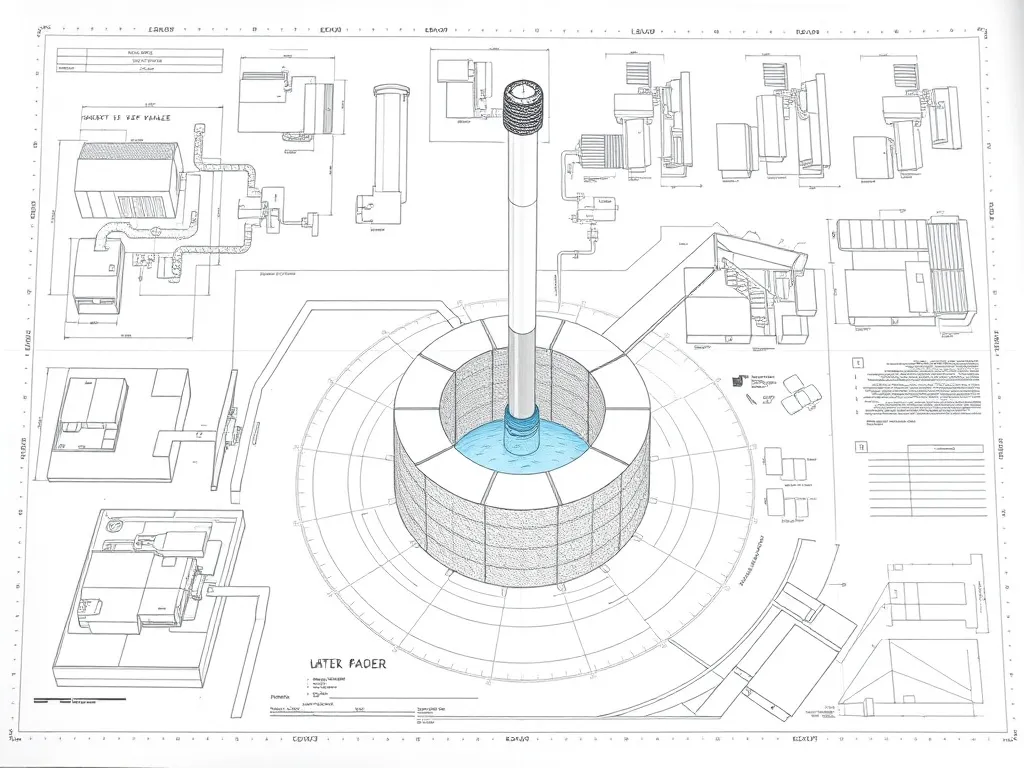 Engineering plans and design layouts for a water well, technical drawings, clean environment, high quality