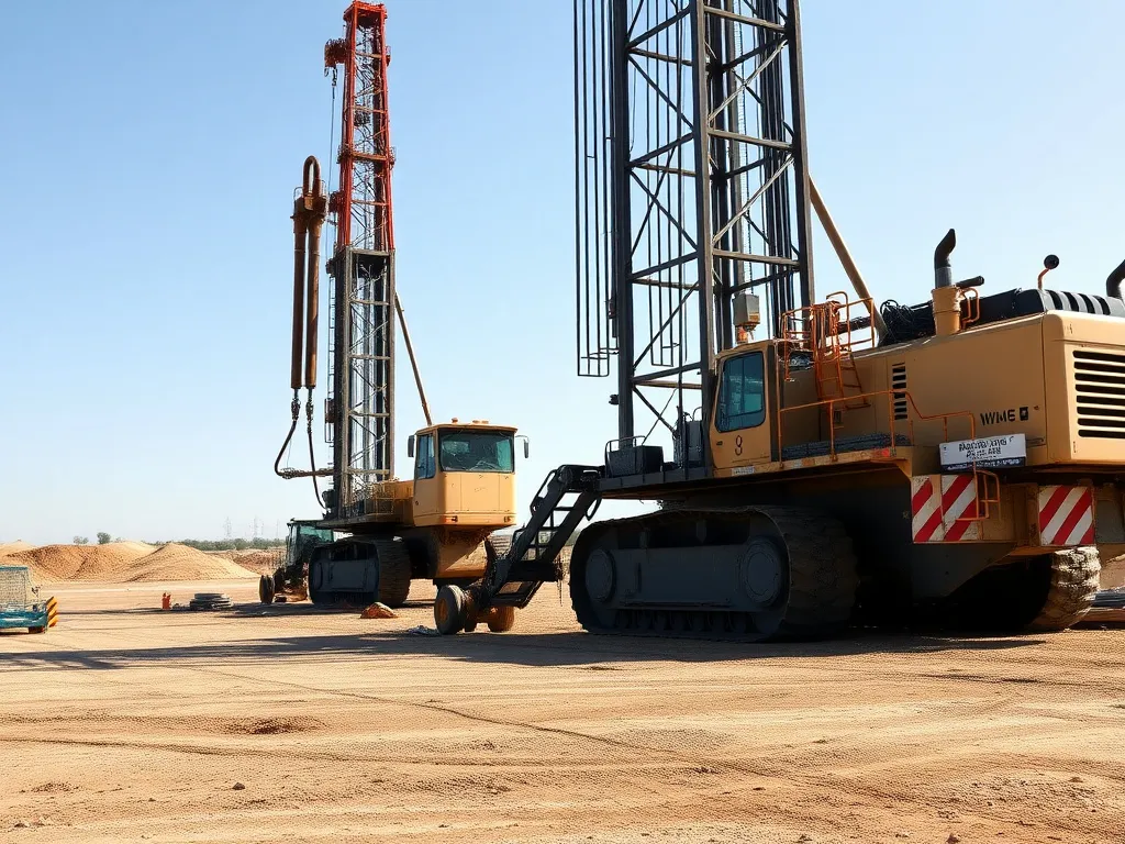 Prepared drill site with heavy machinery ready for action, clean site, clear skies, photorealistic
