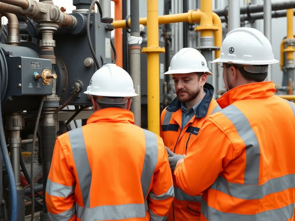 Technicians conducting routine maintenance and monitoring of well equipment, professional scene