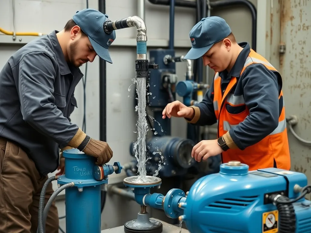 Water pump testing setup, technicians evaluating water flow and quality, high quality