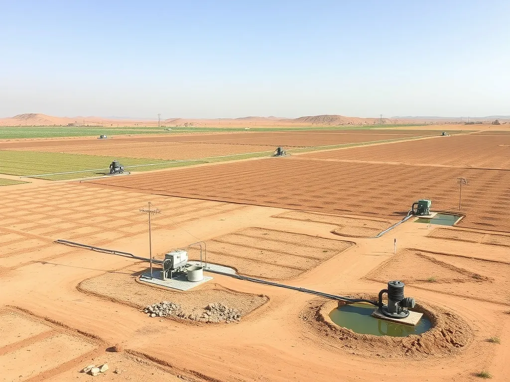 Image of an agricultural setup in Saudi Arabia using ESP systems for groundwater extraction, showing fields with irrigation systems and pump installations, clear skies, and desert landscape