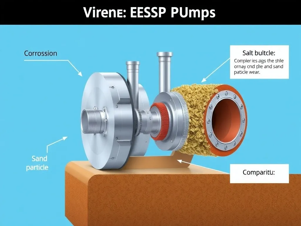 Image depicting operational challenges of ESP pumps, such as corrosion, salt buildup, and sand particle wear, inside a cross-section view of the pump components