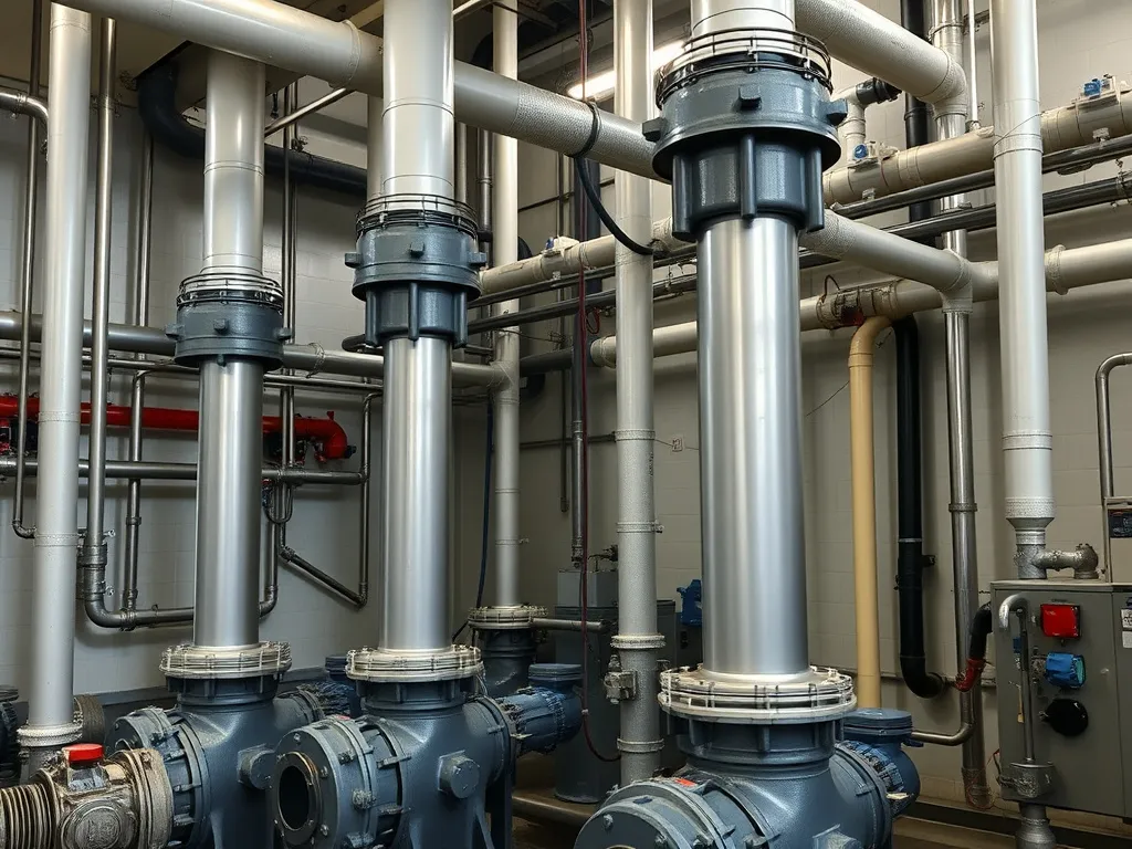 A photograph of vertical pumps in action within water purification and industrial plants, highlighting the machinery setup and piping systems