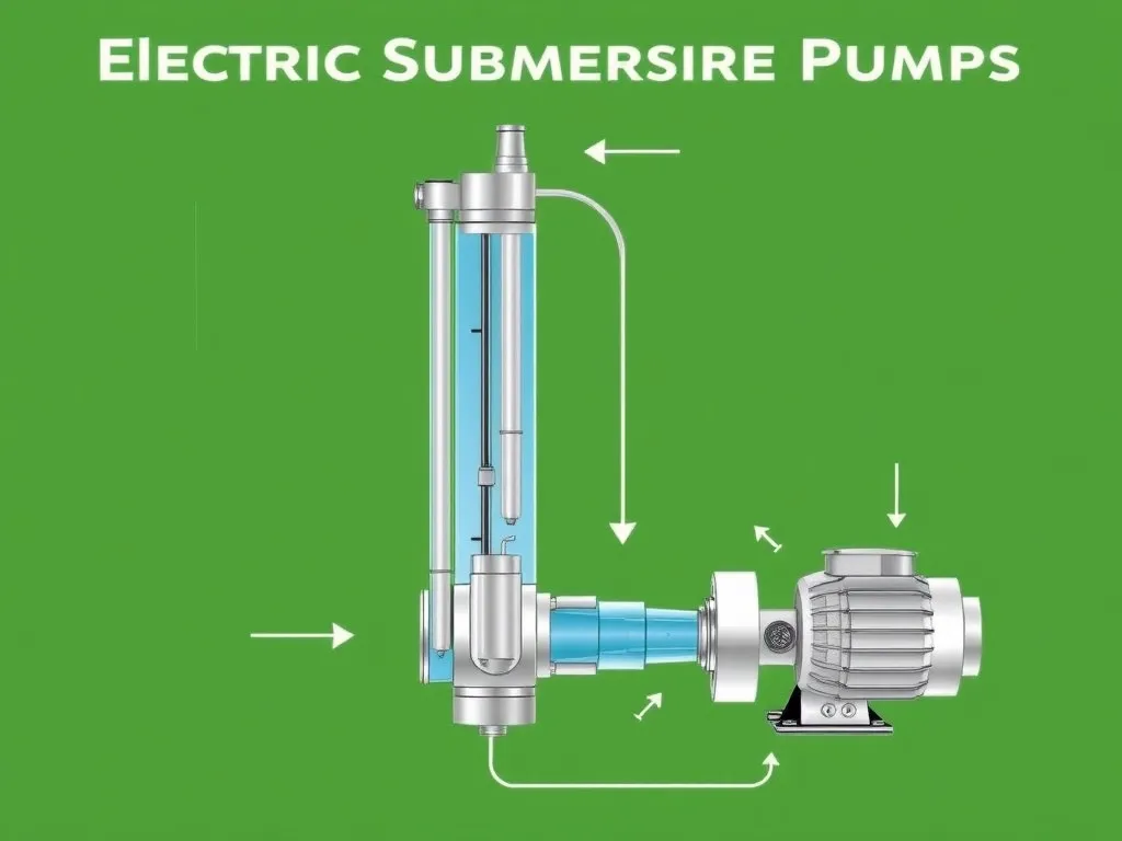 Detailed technical diagram illustrating the operation of electric submersible pumps (ESP), showing components like the submerged motor and multi-stage centrifugal pump with arrows indicating fluid flow