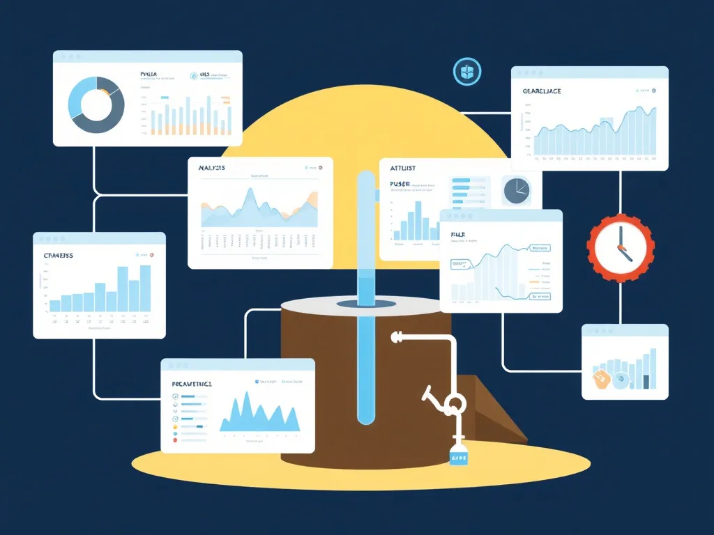 Professional and modern illustration of predictive maintenance in water well operations, showcasing digital dashboards, technical analysis, and preventive strategies, clean and high tech visual