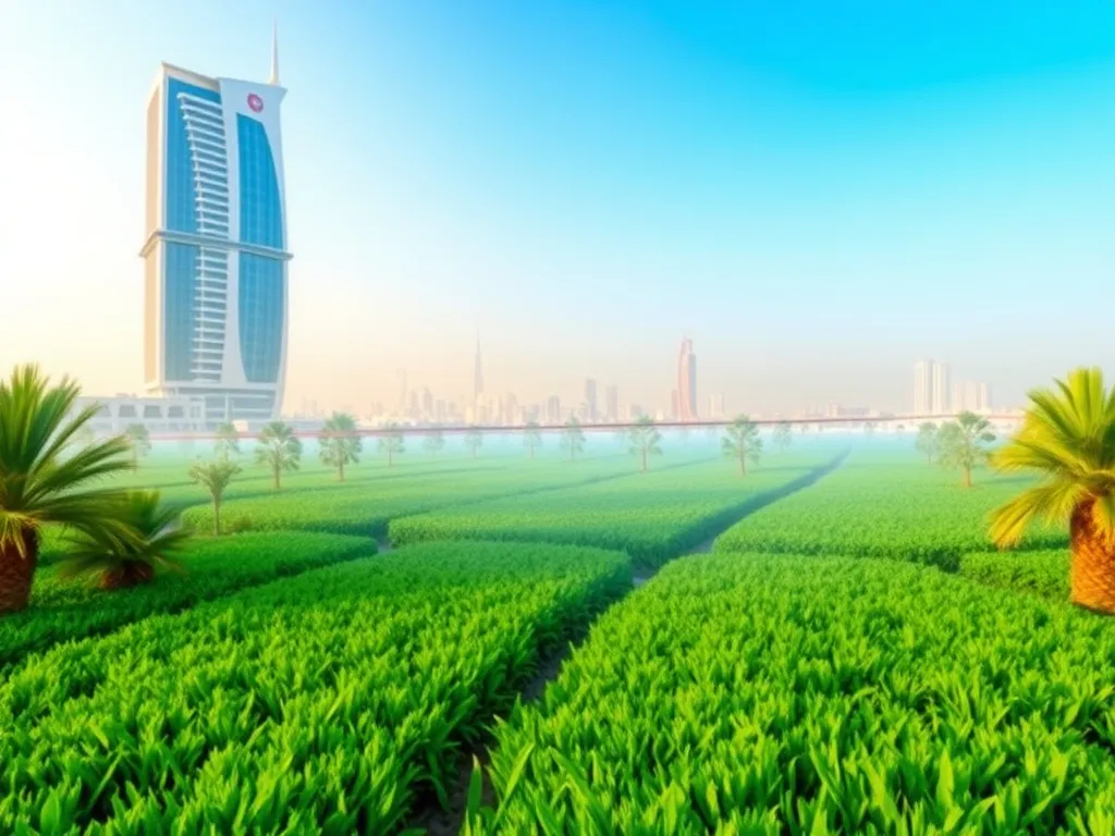 Conceptual tableau of Dubai's smart irrigation system with AI analysis and IoT integration, lush green landscapes, and digital interfaces for real-time water management
