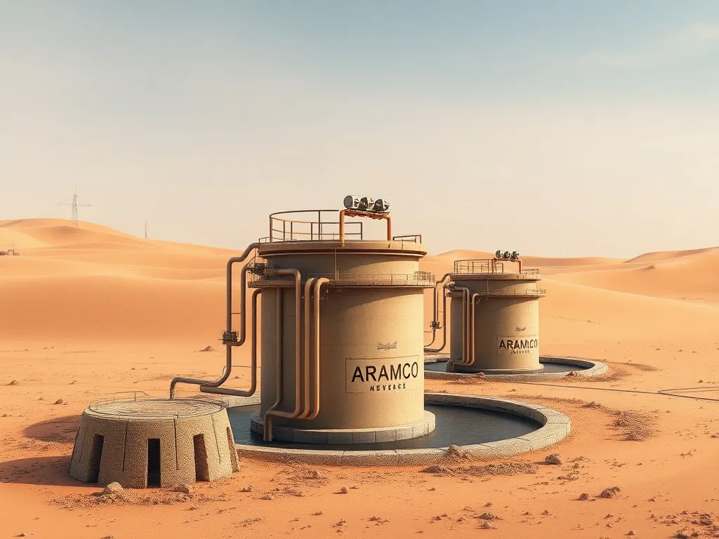 Photorealistic depiction of Saudi Aramco's desert water wells integrated with AI and IoT technology, rugged sensors, and efficient operational management under harsh conditions