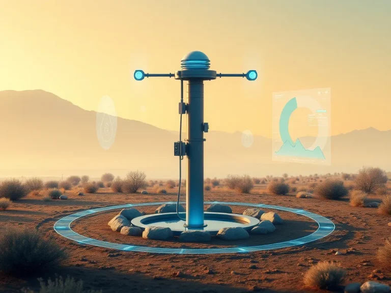 High quality, photorealistic illustration of AI-powered technology monitoring a water well, depicting advanced sensors and digital data visualization around a well in a remote area, futuristic and sustainable theme