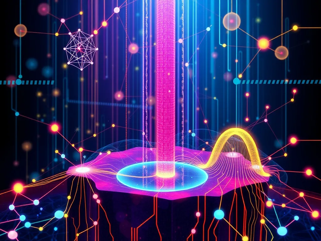 Illustration of machine learning algorithms visualizing patterns in water well data, showing graphs, neural networks, and abstract data flows, vibrant colors, and futuristic design