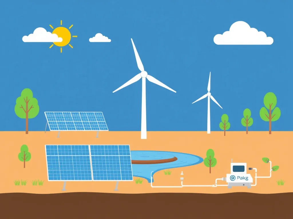 Illustration of Texas Water Development Board's use of renewable energy in water well operations, featuring solar panels, wind turbines, and energy-efficient pumping systems