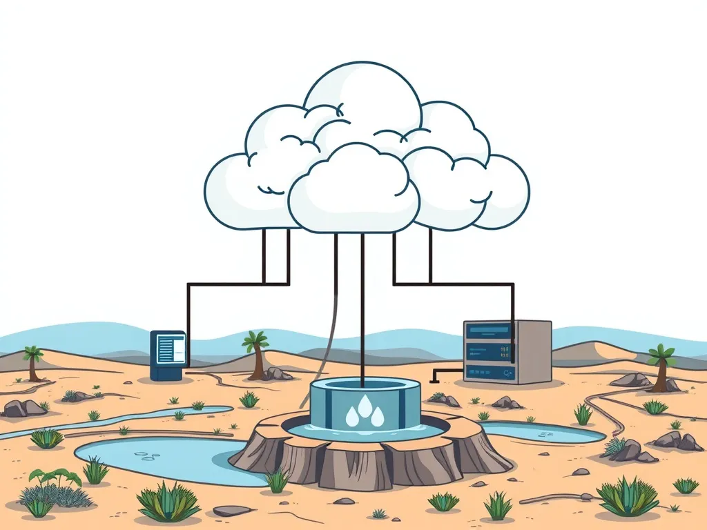 Stylized representation of cloud computing infrastructure handling data from remote water wells, with cloud servers, secure connections, and real-time data analytics, in a cloudified landscape
