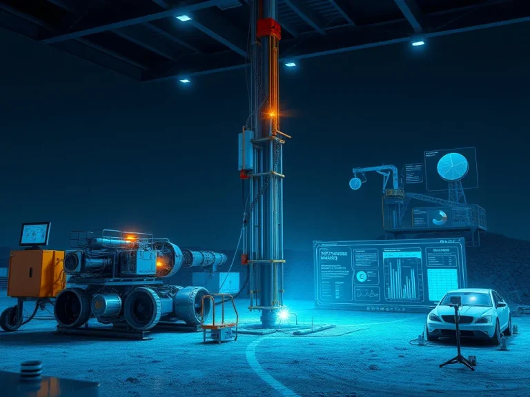 High-tech water well drilling site with advanced AI technology integration, showcasing futuristic machinery and data analysis interfaces, photorealistic, high quality, professional lighting, modern and clean backdrop